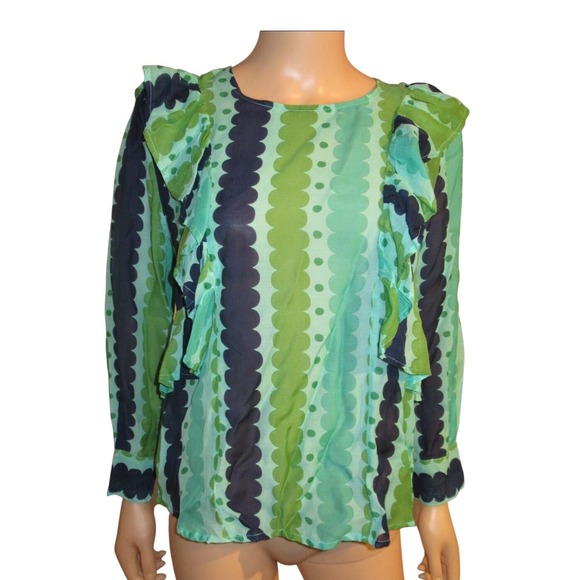 Oliphant Meko Side Ruffle Top Green Scallop Dot‎ Print Silk Cotton Blend Medium